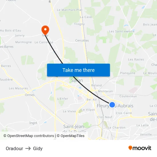 Oradour to Gidy map