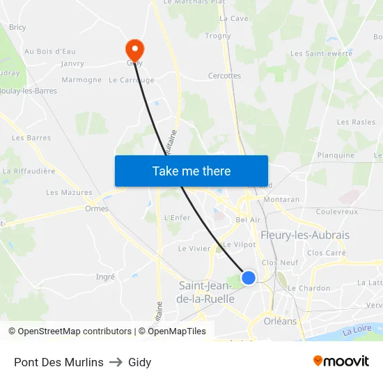 Pont Des Murlins to Gidy map
