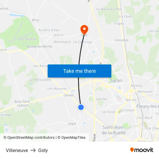 Villeneuve to Gidy map
