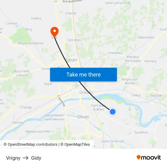 Vrigny to Gidy map