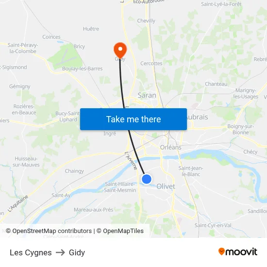 Les Cygnes to Gidy map