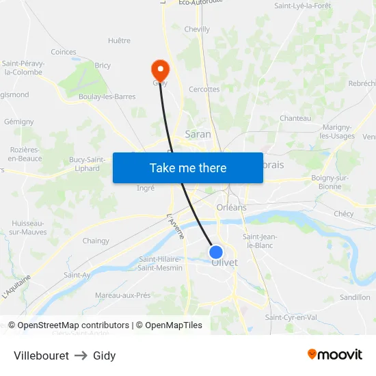 Villebouret to Gidy map