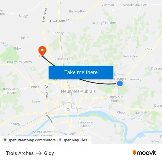 Trois Arches to Gidy map