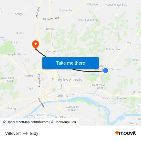 Villevert to Gidy map