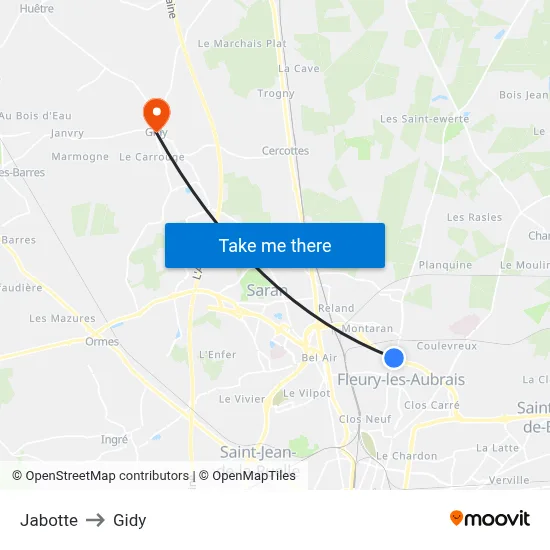 Jabotte to Gidy map