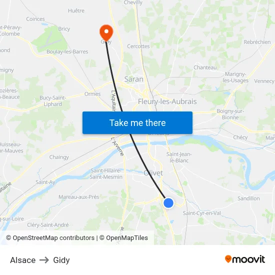 Alsace to Gidy map