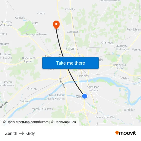 Zénith to Gidy map
