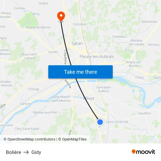 Bolière to Gidy map