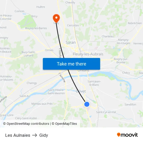 Les Aulnaies to Gidy map