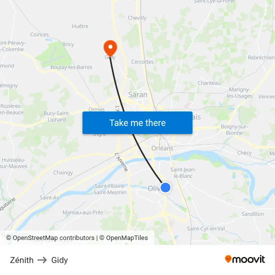 Zénith to Gidy map