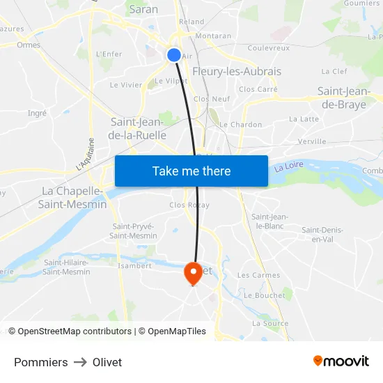 Pommiers to Olivet map