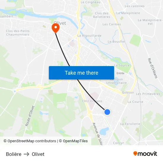 Bolière to Olivet map