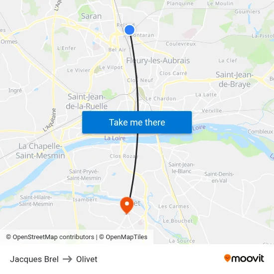 Jacques Brel to Olivet map