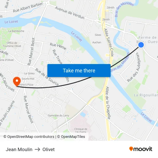 Jean Moulin to Olivet map