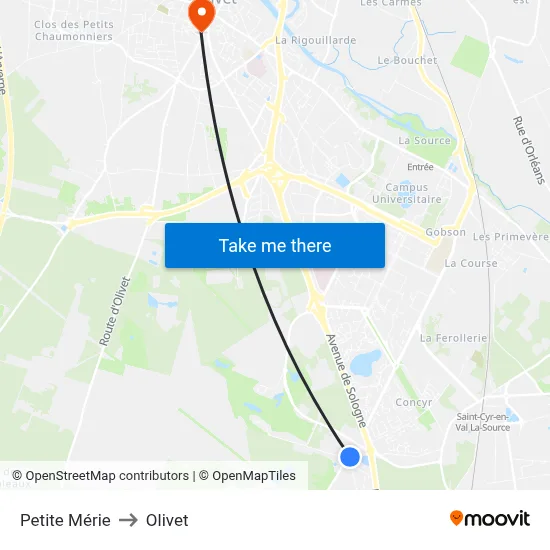 Petite Mérie to Olivet map