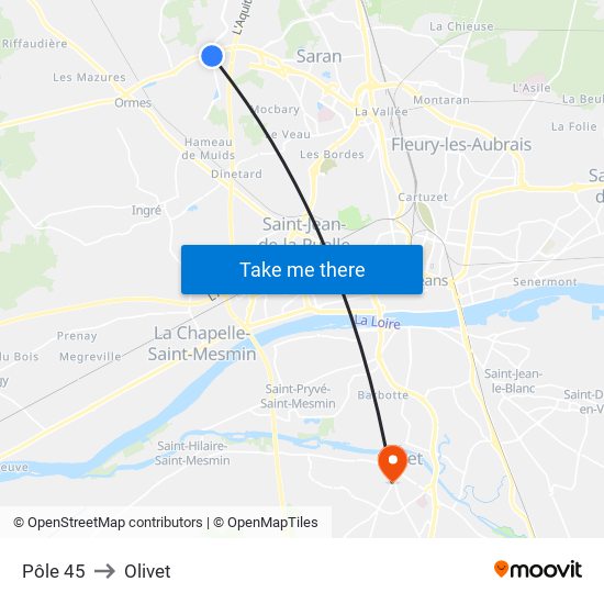 Pôle 45 to Olivet map