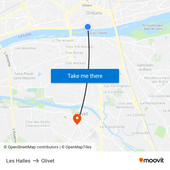 Les Halles to Olivet map