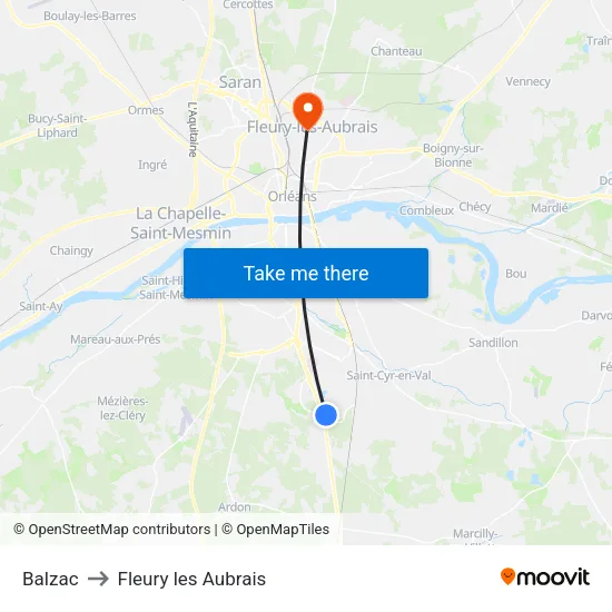 Balzac to Fleury les Aubrais map