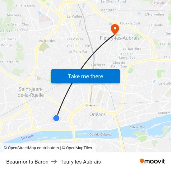 Beaumonts-Baron to Fleury les Aubrais map