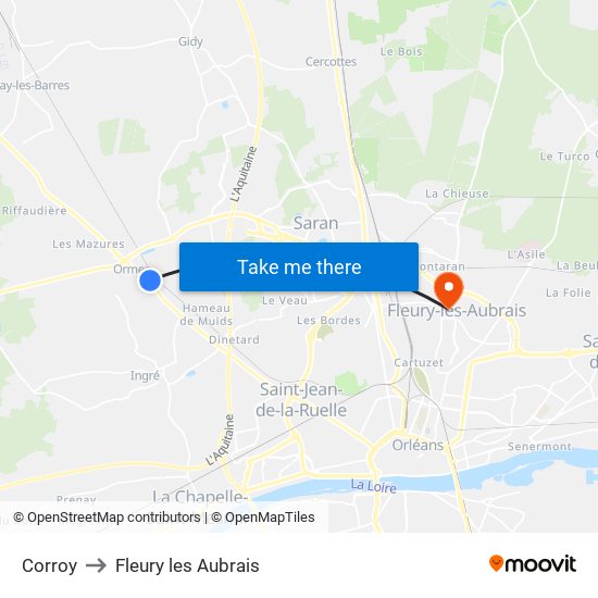 Corroy to Fleury les Aubrais map