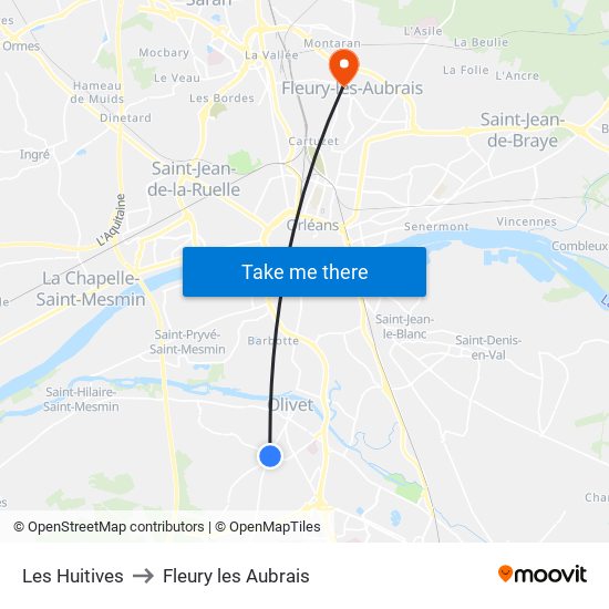 Les Huitives to Fleury les Aubrais map
