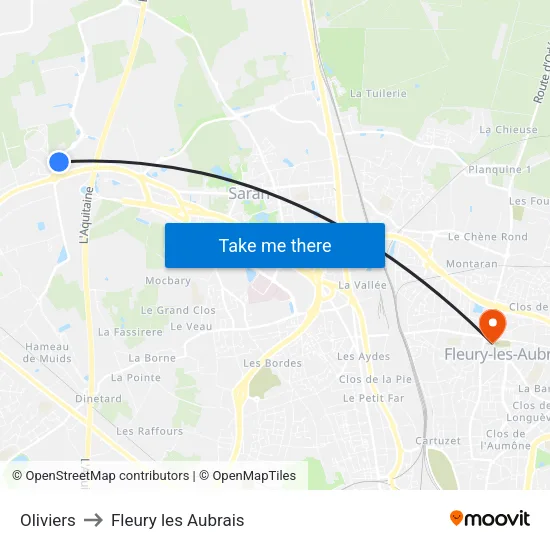 Oliviers to Fleury les Aubrais map