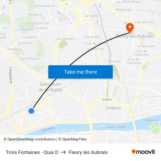 Trois Fontaines - Quai D to Fleury les Aubrais map