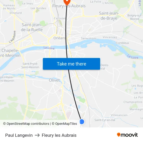 Paul Langevin to Fleury les Aubrais map