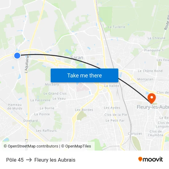 Pôle 45 to Fleury les Aubrais map