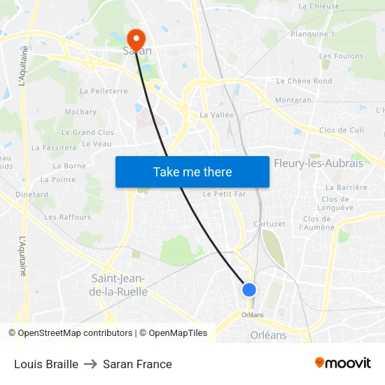 Louis Braille to Saran France map
