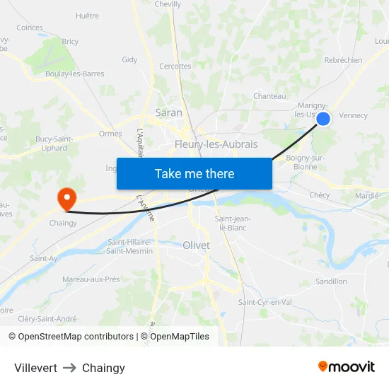 Villevert to Chaingy map