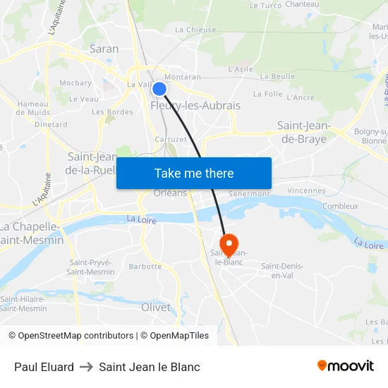 Paul Eluard to Saint Jean le Blanc map