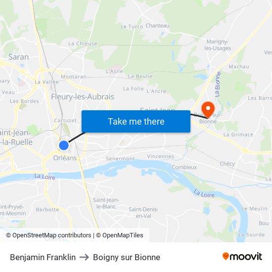 Benjamin Franklin to Boigny sur Bionne map