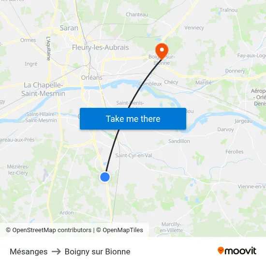 Mésanges to Boigny sur Bionne map