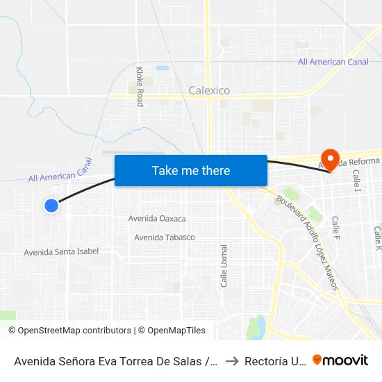 Avenida Señora Eva Torrea De Salas / Colonos to Rectoría Uabc map