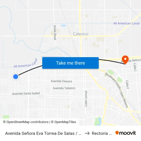Avenida Señora Eva Torrea De Salas / Campesinos to Rectoría Uabc map