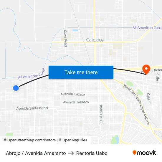Abrojo / Avenida Amaranto to Rectoría Uabc map