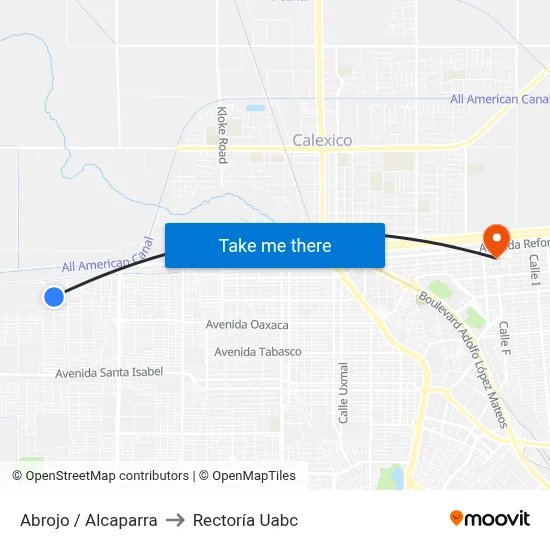 Abrojo / Alcaparra to Rectoría Uabc map