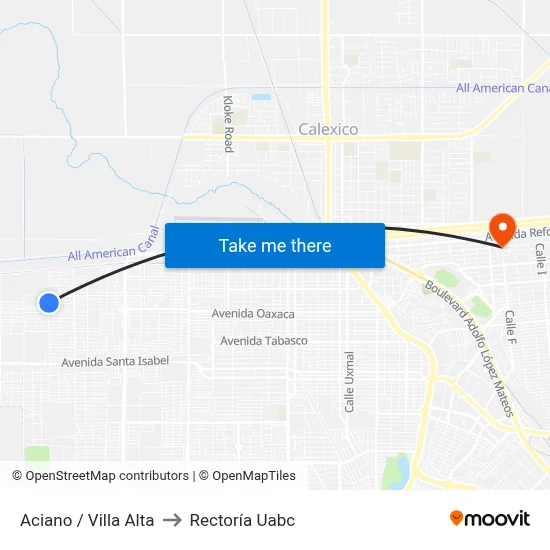 Aciano / Villa Alta to Rectoría Uabc map