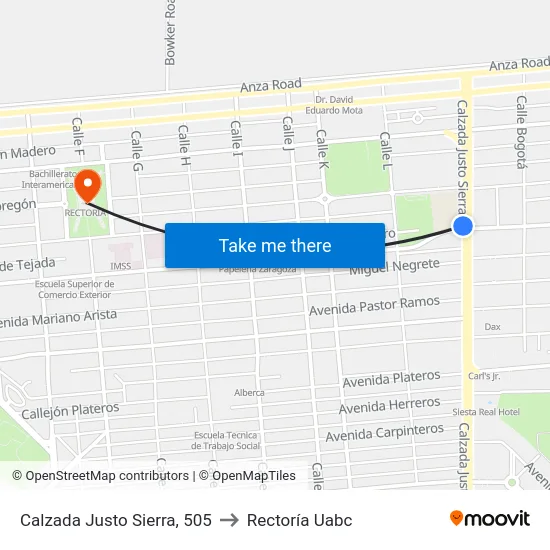 Calzada Justo Sierra, 505 to Rectoría Uabc map