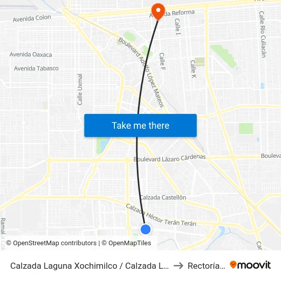 Calzada Laguna Xochimilco / Calzada Lombardo Toledano to Rectoría Uabc map