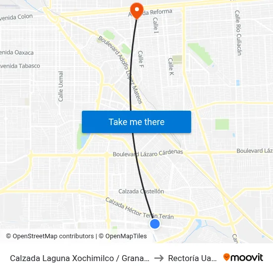 Calzada Laguna Xochimilco / Granada to Rectoría Uabc map