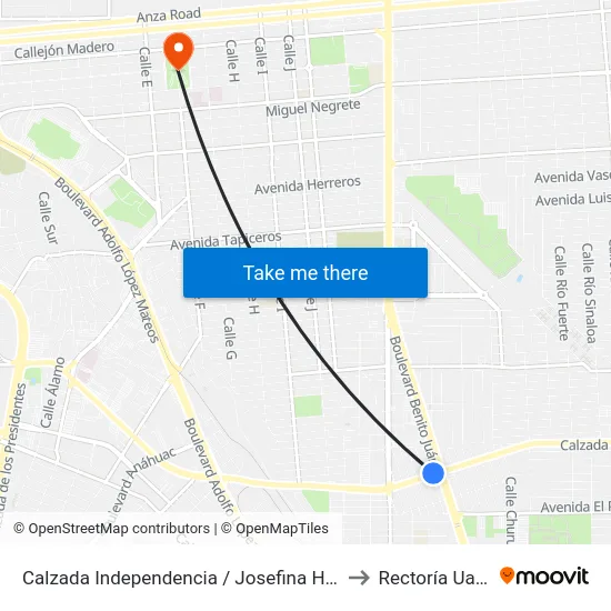 Calzada Independencia / Josefina Haro to Rectoría Uabc map