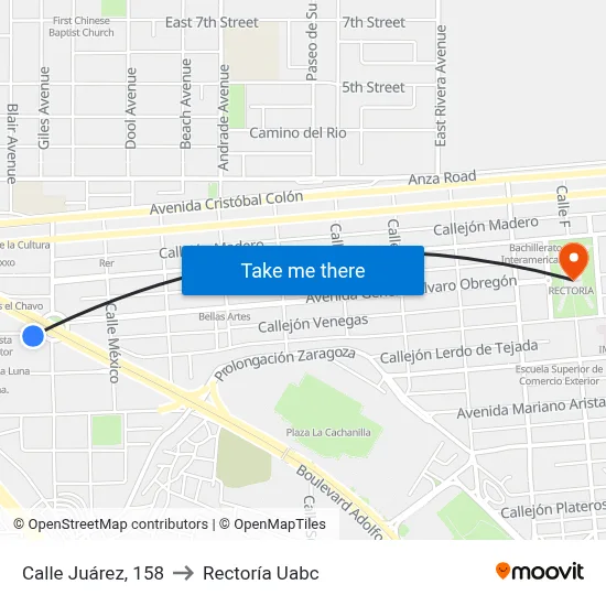 Calle Juárez, 158 to Rectoría Uabc map