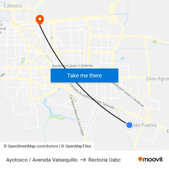 Ayotoxco / Avenida Valsequillo to Rectoría Uabc map