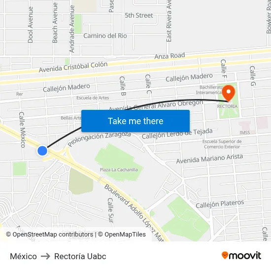 México to Rectoría Uabc map