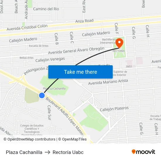 Plaza Cachanilla to Rectoría Uabc map