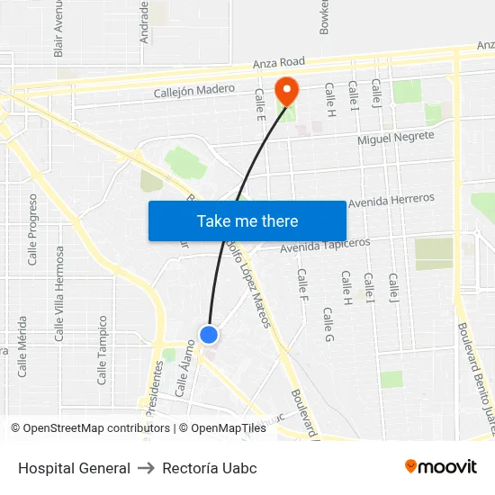 Hospital General to Rectoría Uabc map