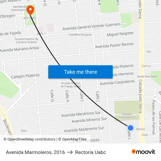 Avenida Marmoleros, 2016 to Rectoría Uabc map