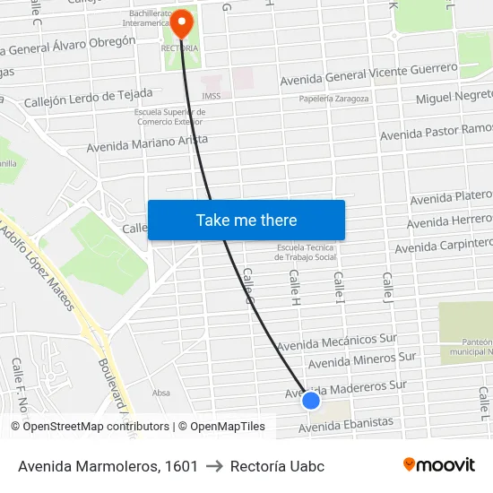 Avenida Marmoleros, 1601 to Rectoría Uabc map